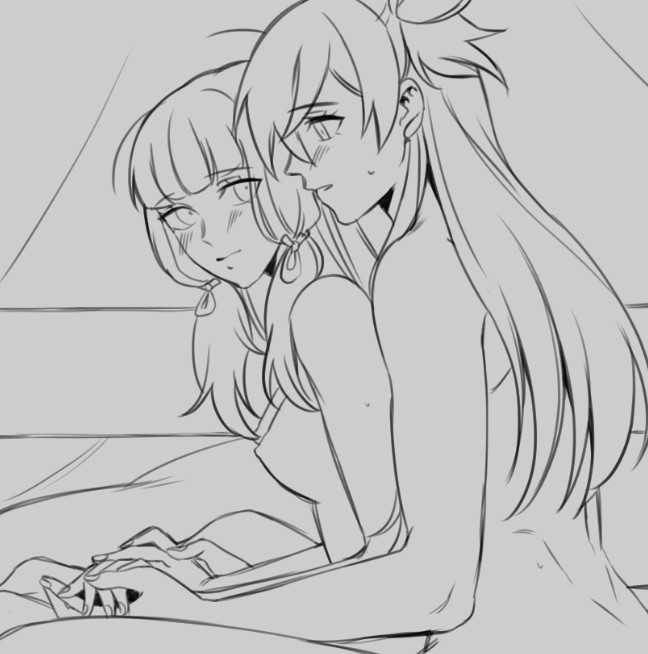 2girls breasts completely_nude fire_emblem fire_emblem:_three_houses greyscale holding_hands lineart long_hair looking_back lysithea_von_ordelia medium_breasts monochrome multiple_girls nipples nude radiostarkiller shez_(female)_(fire_emblem) shez_(fire_emblem) sitting sketch unfinished yuri