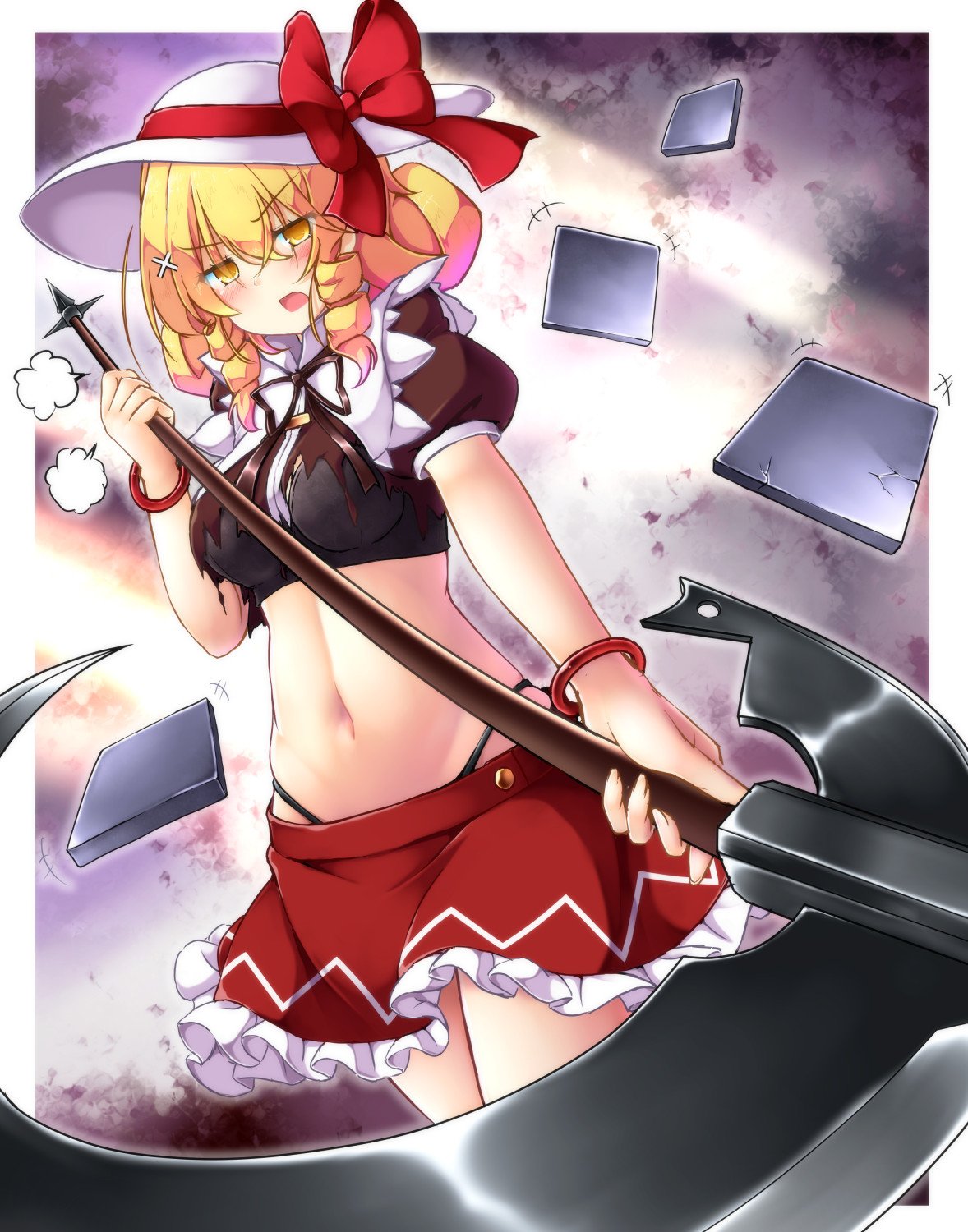 1girl aka_tawashi anger_vein bangs black_bra black_neckwear black_panties black_ribbon blonde_hair blush border bow bra breasts brown_shirt commentary_request cowboy_shot drill_hair drill_locks elly eyebrows_visible_through_hair hair_between_eyes hat hat_bow highleg highleg_panties highres holding holding_scythe holding_weapon looking_at_viewer medium_breasts midriff miniskirt navel neck_ribbon open_mouth outside_border panties petticoat puffy_short_sleeves puffy_sleeves red_bow red_skirt ribbon scythe shirt short_hair short_sleeves skirt solo stomach thighs torn_clothes torn_shirt touhou touhou_(pc-98) underwear v-shaped_eyebrows weapon white_border white_hat yellow_eyes