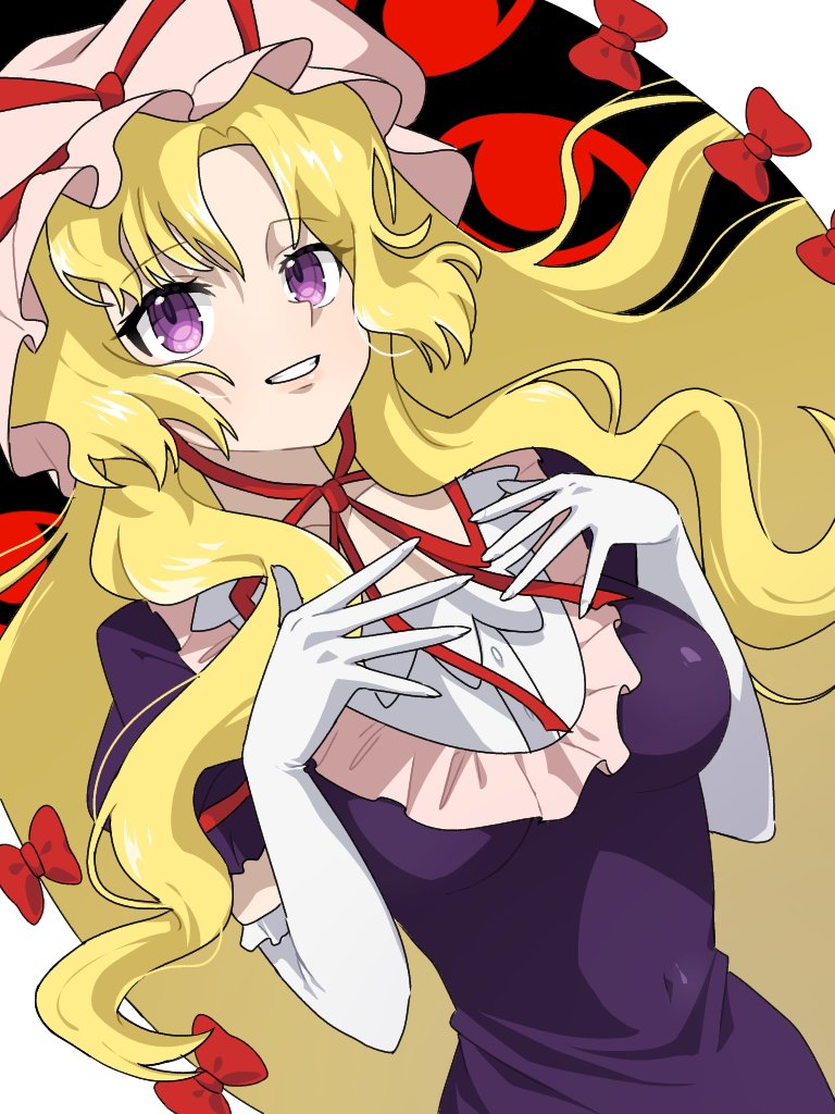 1girl blonde_hair breasts dress elbow_gloves frilled_dress frills gap_(touhou) gloves grin hat hat_ribbon long_hair medium_breasts mob_cap mozupoko purple_dress purple_eyes ribbon sidelocks simple_background smile solo touhou very_long_hair wavy_hair white_gloves white_hair yakumo_yukari