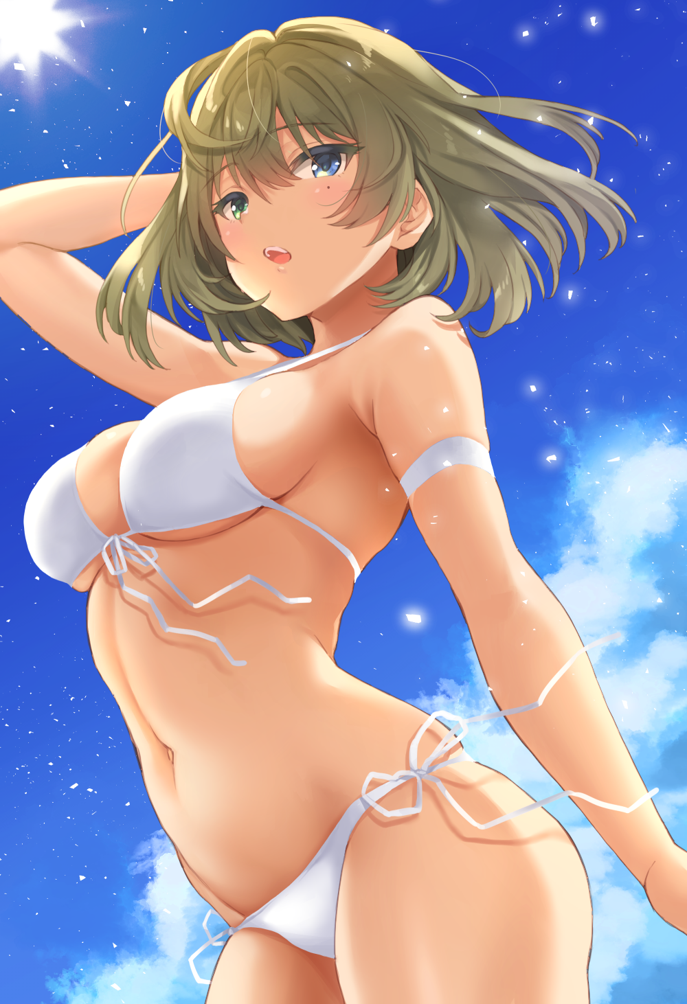 1girl :o arched_back arm_strap arm_up armpit_crease bare_arms bare_shoulders bikini blue_eyes blue_sky breasts cloud commentary_request cowboy_shot day front-tie_bikini front-tie_top green_eyes green_hair groin hair_between_eyes heterochromia highres idolmaster idolmaster_cinderella_girls light_particles looking_at_viewer medium_breasts mole mole_under_eye natsu_(nattiyann) navel open_mouth revision short_hair side-tie_bikini sidelocks sky solo standing stomach strap_gap sun sunlight swimsuit takagaki_kaede teeth white_bikini