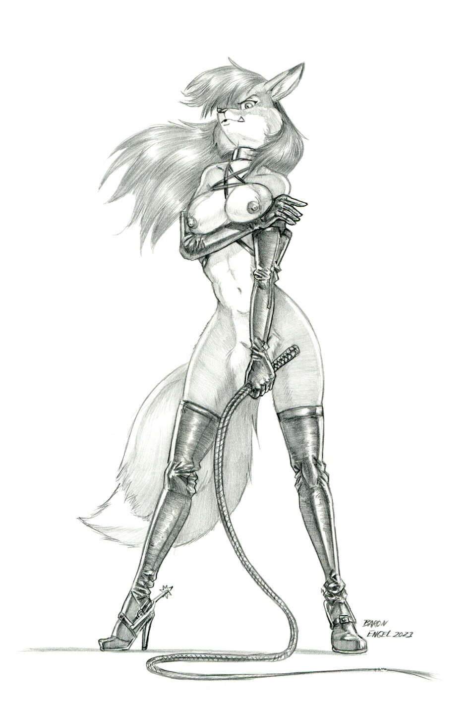 2023 anthro armwear baron_engel boots breasts canid canine clothing convenient_censorship dipstick_tail dominatrix elbow_gloves female footwear fox gloves greyscale hair handwear hi_res legwear long_hair mammal markings monochrome navel nipples solo tail tail_markings thigh_boots thigh_highs vipera_vixen_(baron_engel) whip