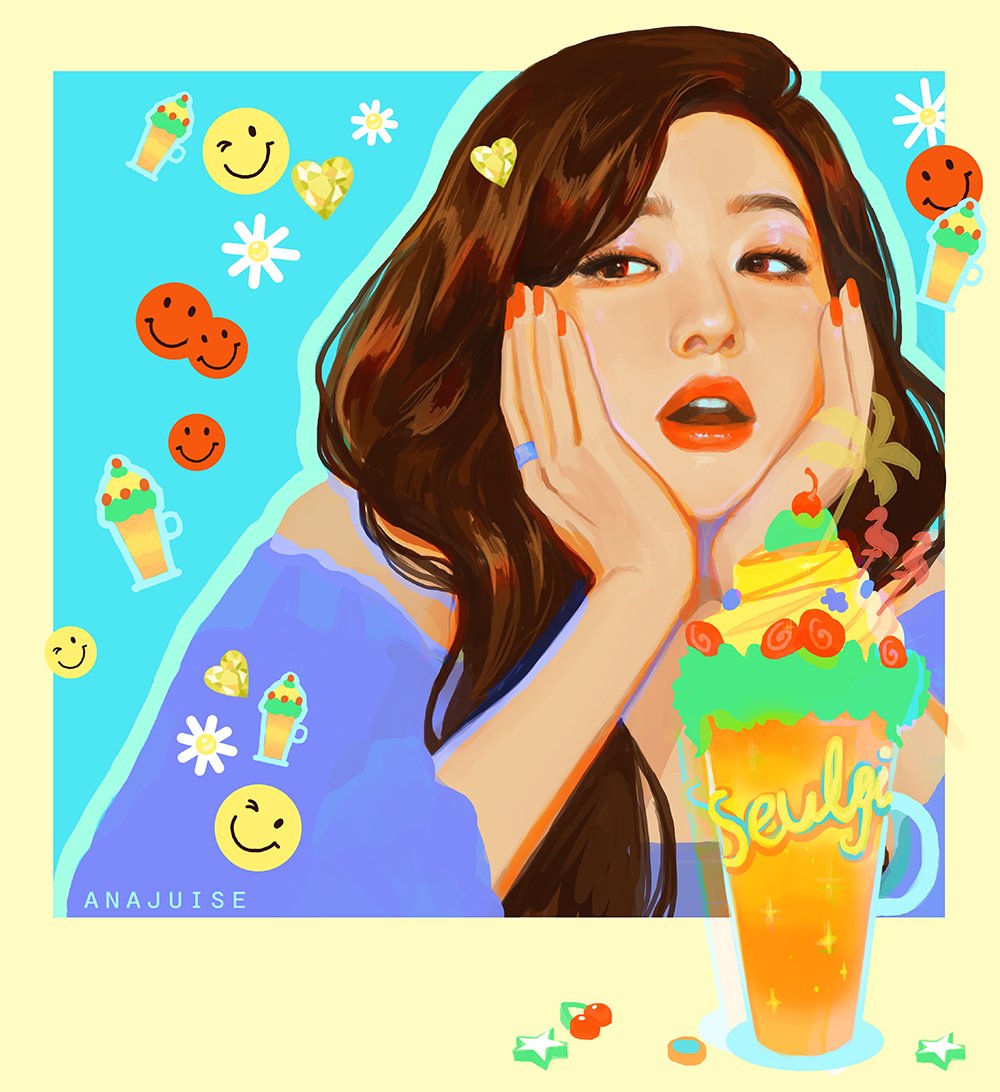 1girl anajuise artist_name blue_background border brown_hair hands_on_own_face heart jewelry k-pop long_hair looking_to_the_side open_mouth purple_shirt real_life red_lips red_velvet_(group) ring seulgi_(red_velvet) shirt solo teeth upper_body upper_teeth_only yellow_border