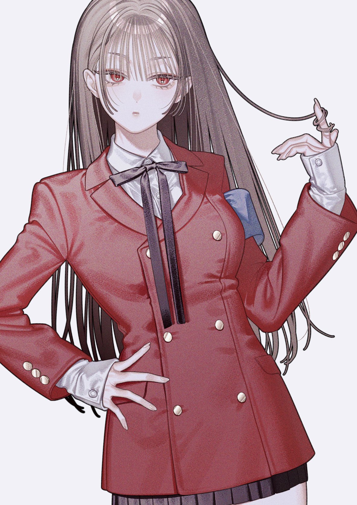 1girl black_bow black_bowtie black_skirt bow bowtie brown_hair buttons closed_mouth collared_shirt cowboy_shot eyelashes hand_on_own_hip hand_up highres jacket long_hair long_sleeves looking_at_viewer nanoka_san original pleated_skirt red_eyes red_jacket shirt simple_background skirt solo twirling_hair white_background white_shirt