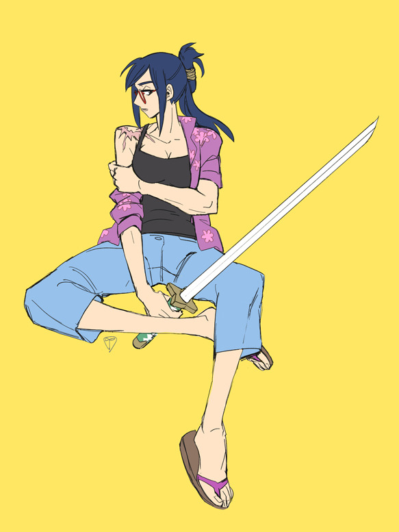 1girl black_tank_top blue_eyes blue_pants english_commentary glasses holding holding_sword holding_weapon looking_to_the_side one_piece pants pastghost ponytail purple_shirt sandals scar_on_shoulder shirt sidelocks simple_background sitting solo sword tank_top tashigi weapon yellow_background