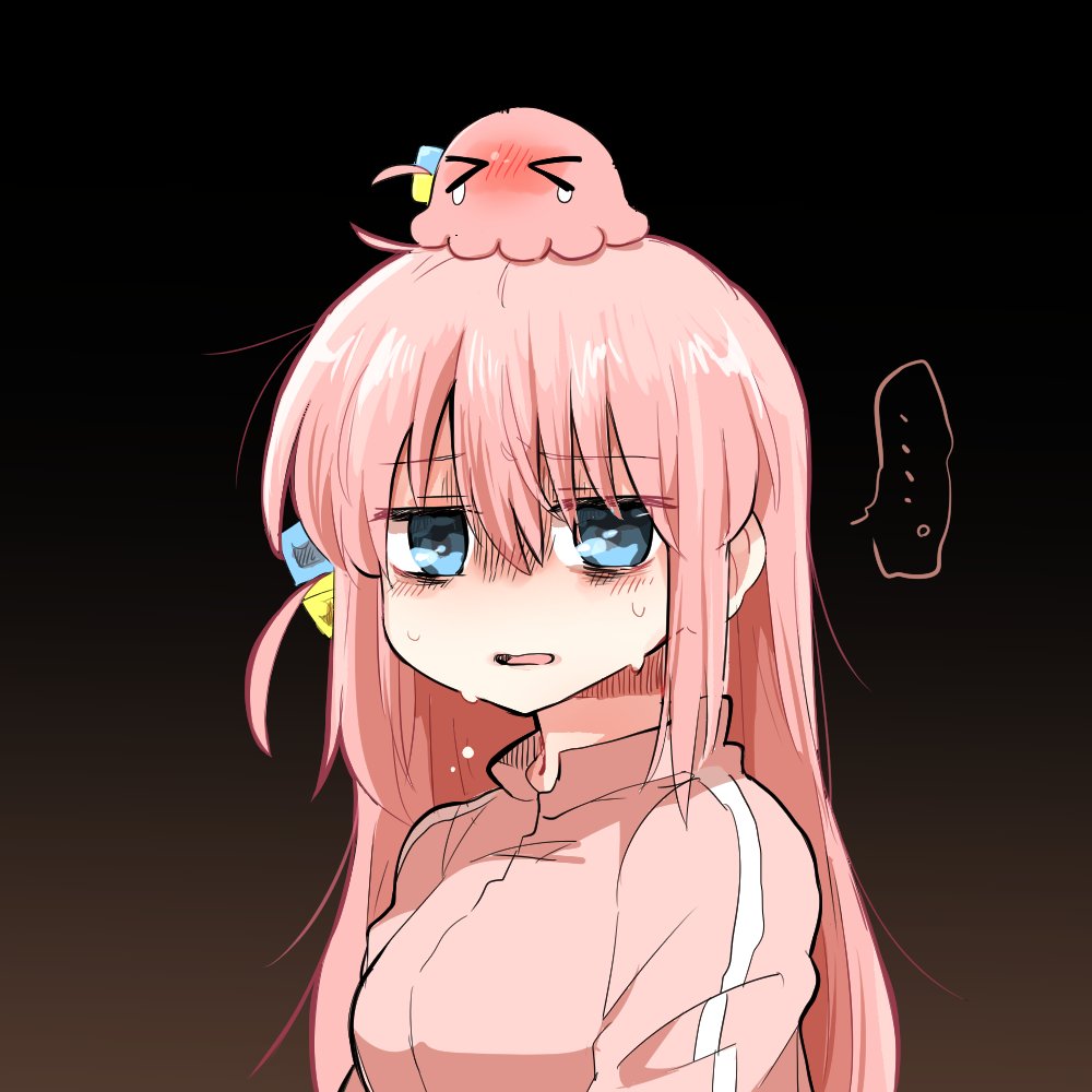 &gt;_&lt; ... 1girl animal_on_head animalization black_background blue_eyes blush bocchi_the_rock! breasts crying crying_with_eyes_open cube_hair_ornament gotoh_hitori gotoh_hitori_(octopus) gradient_background hair_between_eyes hair_ornament jacket long_hair looking_at_viewer medium_breasts on_head one_side_up open_mouth pink_hair pink_jacket rebecca_(keinelove) sidelocks simple_background speech_bubble spoken_ellipsis tears track_jacket upper_body very_long_hair