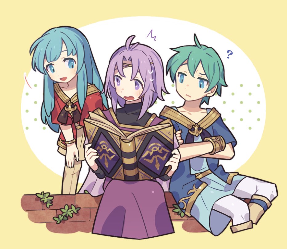 1girl 2boys ? aged_down aqua_hair blue_eyes blue_hair book border circlet cropped_legs crossed_arms eirika_(fire_emblem) ephraim_(fire_emblem) fire_emblem fire_emblem:_the_sacred_stones gold_trim haconeri holding holding_book long_hair lyon_(fire_emblem) multiple_boys open_book open_mouth purple_eyes purple_hair round_border smile wavy_mouth yellow_border