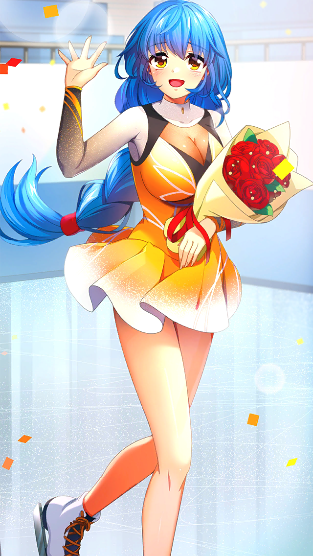 1girl :d bare_legs blue_hair blush bouquet braid braided_ponytail breasts doukyuusei_2 doukyuusei_another_world dress figure_skating_dress floating_hair flower game_cg gradient_dress gradient_sleeves holding holding_bouquet ice_skates ice_skating large_breasts long_hair long_sleeves looking_at_viewer official_art open_mouth pleated_dress red_flower red_ribbon red_rose ribbon rose short_dress single_braid skates skating smile solo very_long_hair white_dress yasuda_azumi yellow_dress yellow_eyes