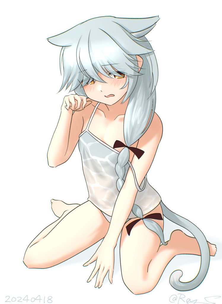 1girl ahoge animal_ears brown_eyes camisole cat_ears cat_tail collarbone dated full_body grey_hair hair_over_eyes hair_over_shoulder hamanami_(kancolle) kantai_collection long_hair looking_at_viewer one-hour_drawing_challenge panties paw_pose ray.s simple_background solo tail twitter_username underwear white_background white_camisole white_panties