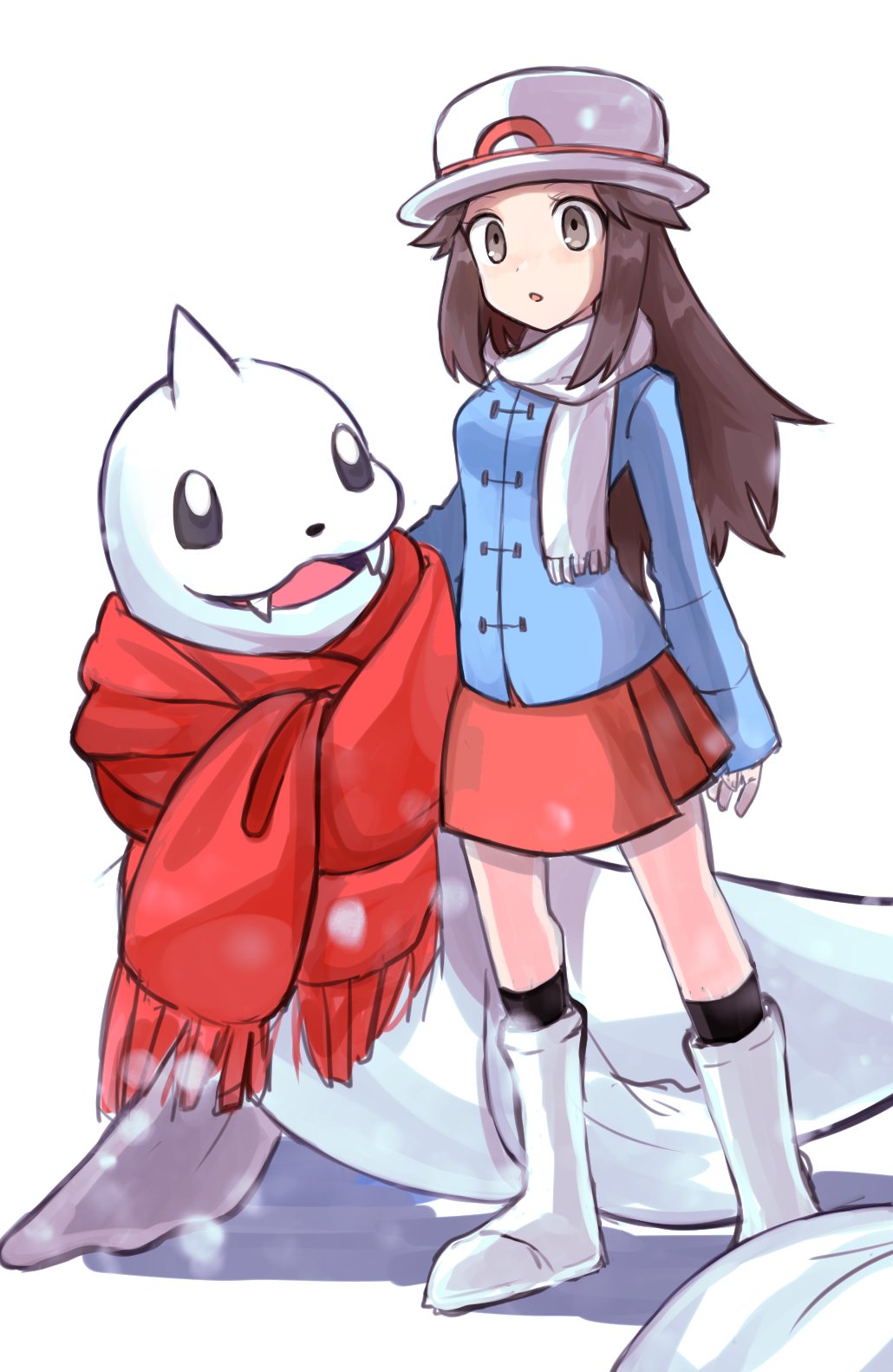 1girl black_socks blue_coat boots brown_eyes brown_hair clothed_pokemon coat dewgong highres leaf_(pokemon) long_hair long_sleeves open_mouth pokemon pokemon_(creature) pokemon_frlg red_scarf red_skirt scarf shiozuke skirt socks white_footwear white_hat