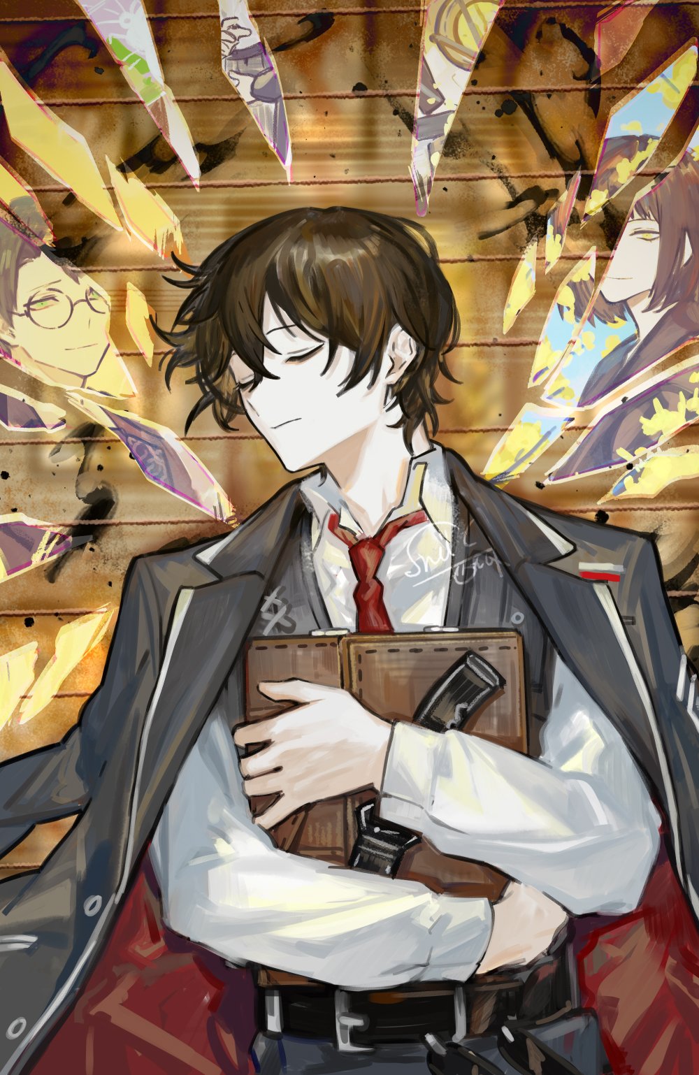 1girl 2boys bag belt black_coat black_hair black_pants black_vest brown_hair coat collared_shirt dagger dongbaek_(project_moon) dongrang_(project_moon) e.g.o_(project_moon) glasses green_eyes green_hair highres knife limbus_company lying multiple_boys necktie nishikujic on_back pants project_moon red_necktie satchel shirt short_hair vest weapon white_shirt yellow_eyes yi_sang_(project_moon)