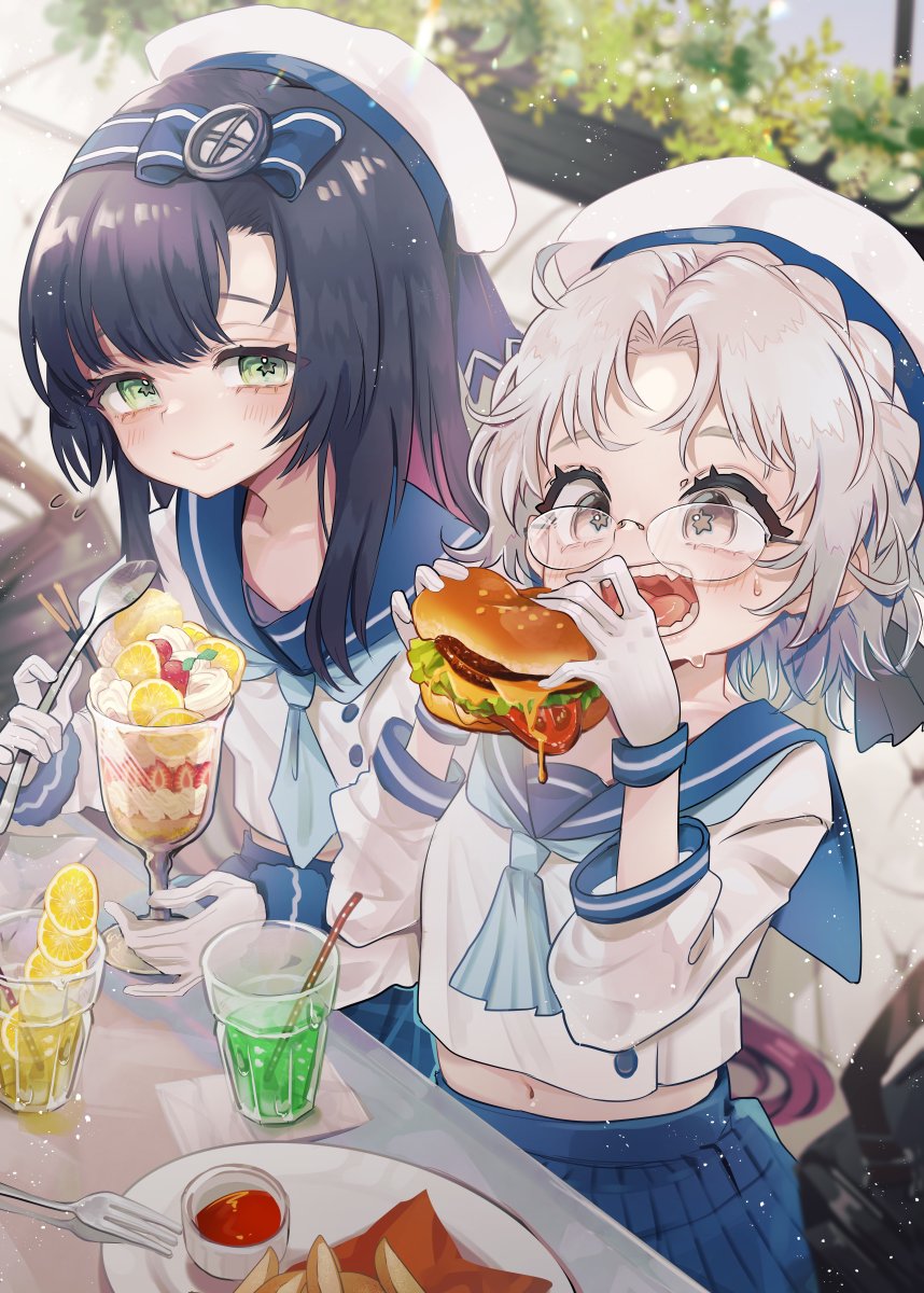 2girls black_hair blue_bow blue_hair blue_sailor_collar blue_sky bow brown_eyes burger cup drinking_straw eating food french_fries fruit glasses gloves gradient_hair green_eyes grey_hair hat highres hirato_(kancolle) holding holding_food holding_spoon ice_cream kantai_collection ketchup lemon lemon_slice long_hair long_sleeves matsuwa_(kancolle) multicolored_hair multiple_girls neckerchief open_mouth pleated_skirt ruohire9 sailor_collar sailor_hat school_uniform serafuku short_hair skirt sky smile spoon sundae sweat very_long_hair white_gloves white_hat