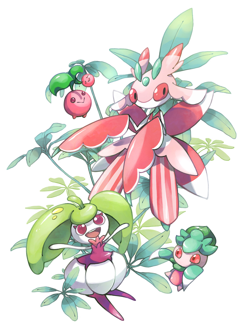 :&gt; arms_up cherubi closed_mouth colored_sclera fomantis full_body highres lurantis no_humans open_mouth plant pokemon pokemon_(creature) red_eyes red_sclera satotsu steenee white_background