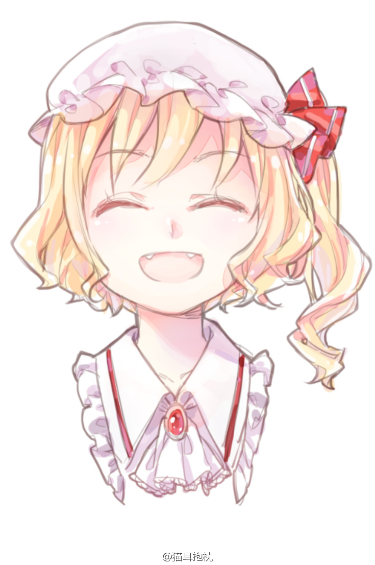 1girl blonde_hair closed_eyes fang flandre_scarlet frills hat hat_ribbon mob_cap open_mouth red_ribbon ribbon side_ponytail simple_background solo touhou tsukimiya_kamiko upper_body white_background