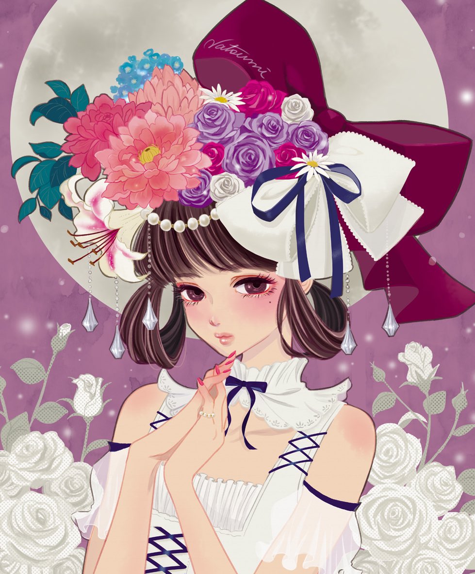 1girl blue_flower blue_ribbon blush brown_eyes flower halftone hat hat_flower hat_ribbon leaf looking_at_viewer mole mole_under_eye original own_hands_together pink_flower purple_flower ribbon rose sleeveless solo upper_body white_flower white_rose yatsuki_natsumi