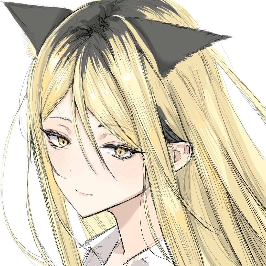 1girl animal_ear_fluff animal_ears black_hair blonde_hair blush cat_ears cat_girl closed_mouth collared_shirt commentary_request daydreamer023 extra_ears genderswap genderswap_(mtf) haikyuu!! kemonomimi_mode kozume_kenma light_smile long_hair looking_at_viewer multicolored_hair portrait shirt sidelocks simple_background smile solo two-tone_hair white_background white_shirt yellow_eyes