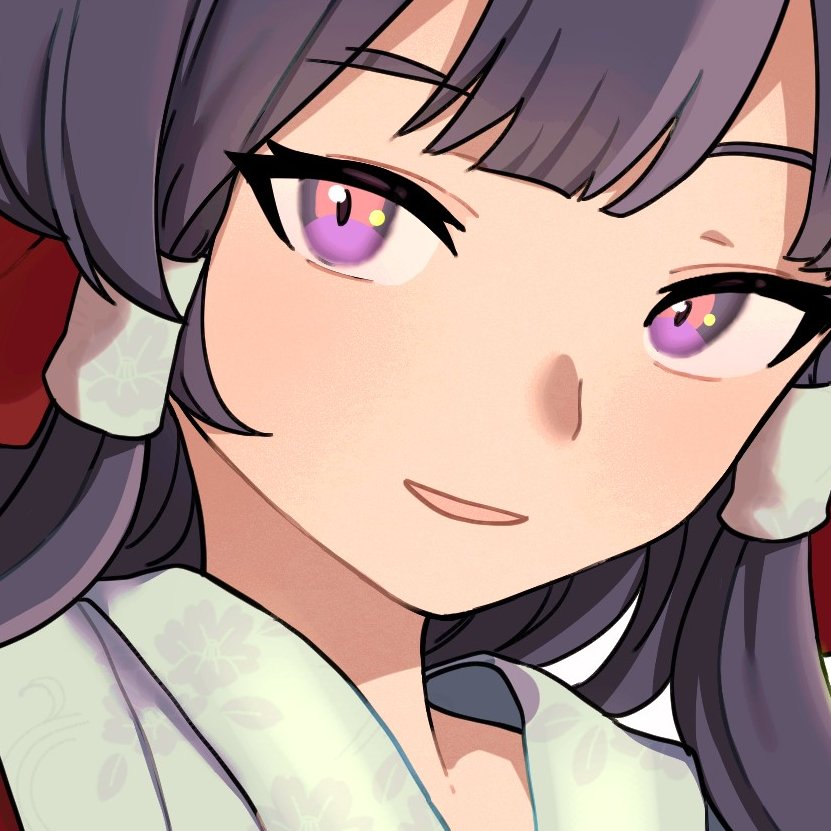 1girl blunt_bangs bow close-up commentary_request hair_bow hair_tubes hakurei_reimu hakurei_reimu_(pc-98) japanese_clothes kimono long_hair looking_at_viewer mesuosushi miko parted_lips purple_eyes purple_hair red_bow sidelocks simple_background solo touhou touhou_(pc-98) very_long_hair white_background white_kimono