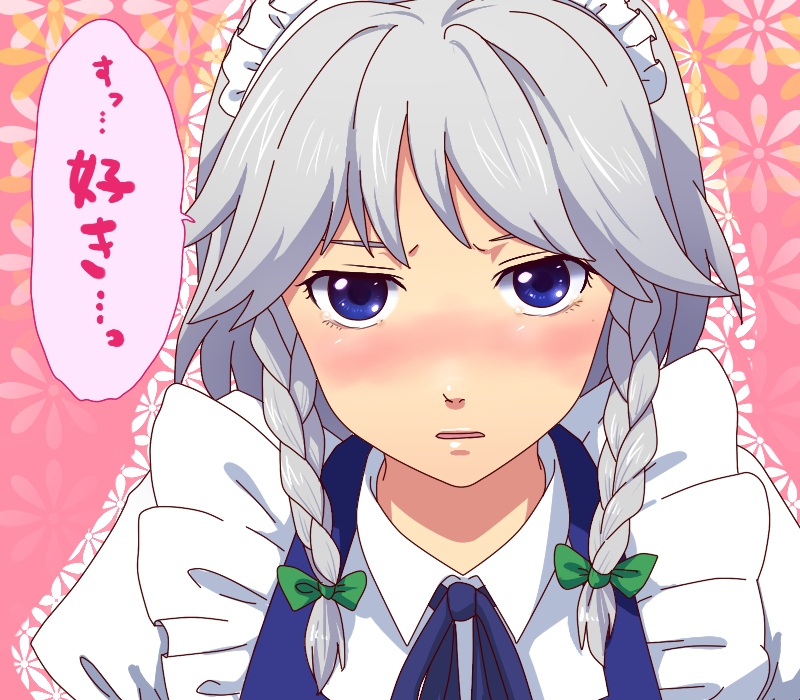 1girl blue_bow blue_eyes blush bow braid collared_shirt embarrassed eyelashes green_bow grey_hair izayoi_sakuya looking_at_viewer maid_headdress mochiko_(komegasi) open_mouth shirt short_hair solo speech_bubble touhou translation_request twin_braids white_shirt