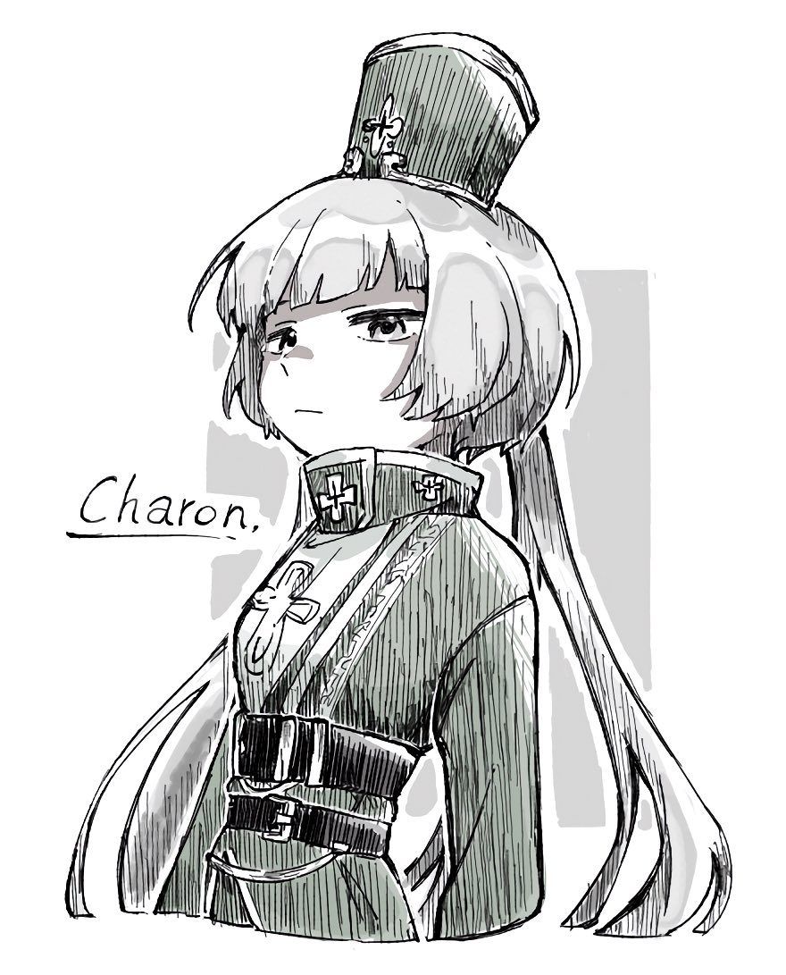 1girl belt character_name charon_(project_moon) closed_mouth dress greyscale hat limbus_company long_hair long_sleeves looking_at_viewer low_twintails monochrome project_moon rnaro_maro shako_cap solo twintails upper_body very_long_hair