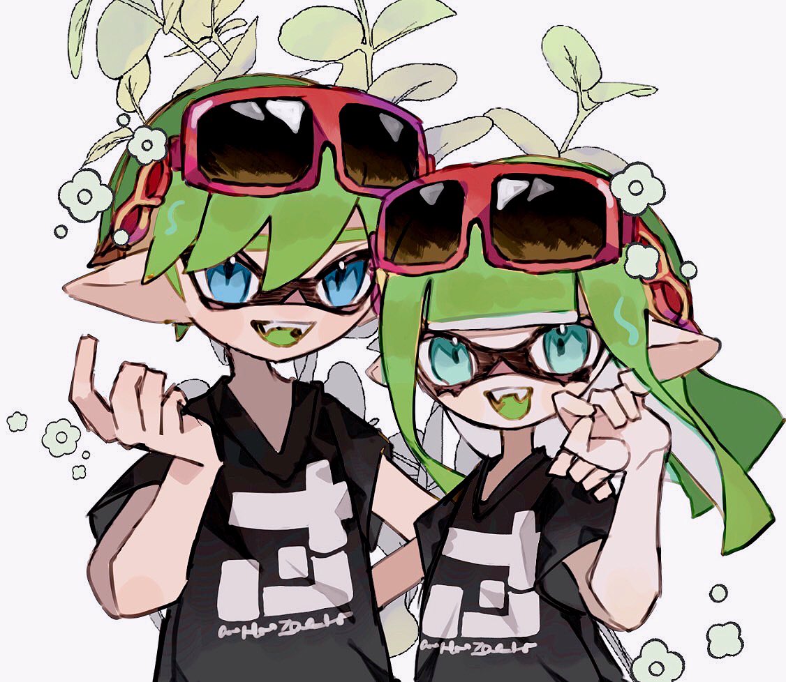 1boy 1girl black_shirt blue_eyes commentary commission eyewear_on_head flower flower_on_head green_hair inkling inkling_boy inkling_girl inkling_player_character long_hair looking_at_viewer open_mouth pointy_ears print_shirt red-framed_eyewear shino_hd shirt short_hair simple_background smile splatoon_(series) sunglasses teeth tentacle_hair upper_teeth_only white_background