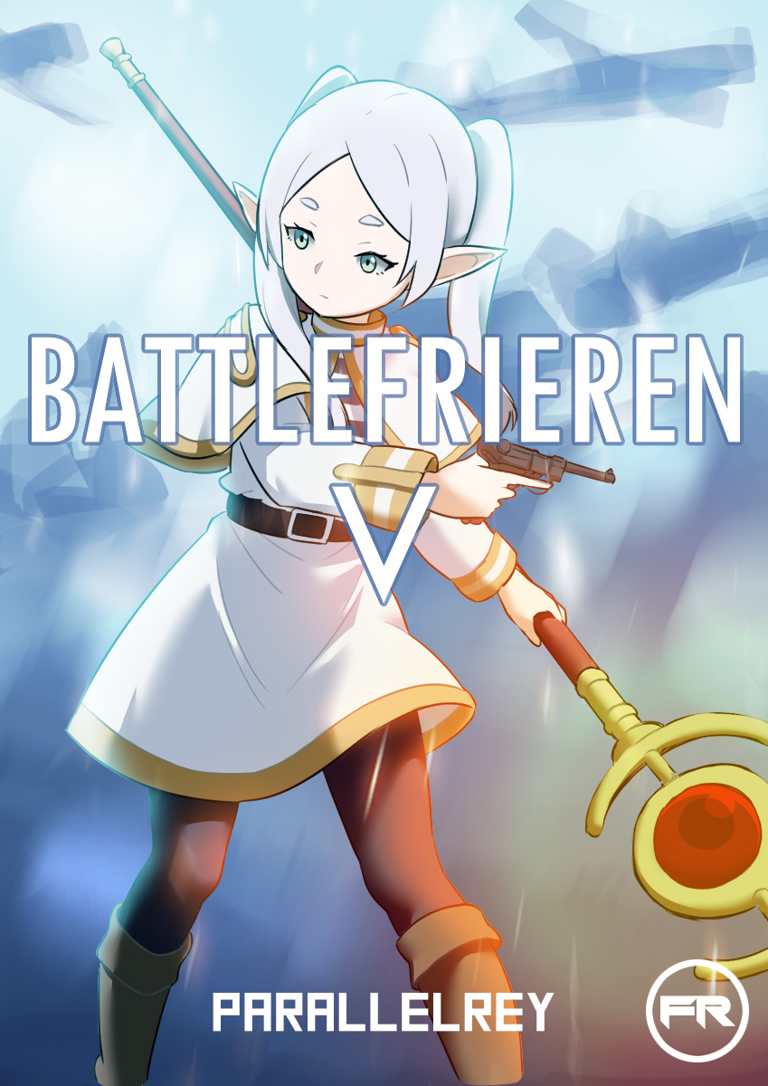 1girl battlefield_v black_pantyhose boots capelet commentary elf frieren green_eyes gun handgun highres holding holding_gun holding_staff holding_weapon mage_staff pantyhose parallelrey parody pointy_ears skirt solo sousou_no_frieren staff twintails weapon white_capelet white_hair white_skirt
