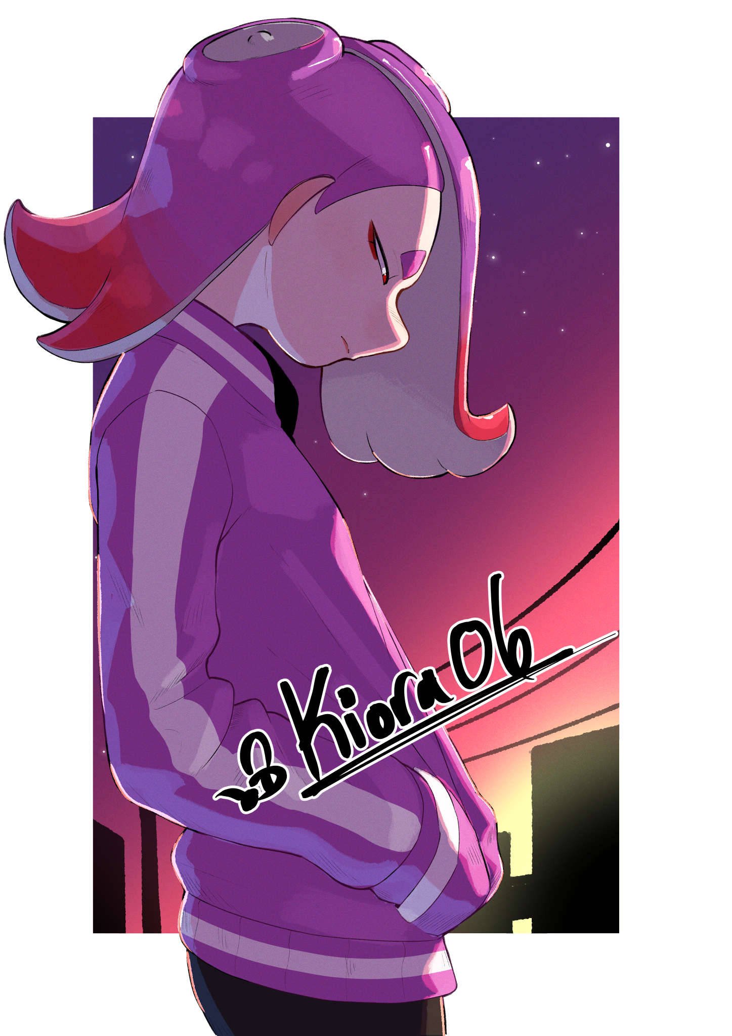 1girl alternate_costume artist_name border closed_mouth colored_tips commentary eyeshadow from_side hands_in_pockets highres kiora06 long_hair makeup multicolored_hair octoling outside_border purple_sweater red_eyes red_eyeshadow red_hair shiver_(splatoon) short_eyebrows solo splatoon_(series) splatoon_3 standing sweater tentacle_hair thick_eyebrows twitter_username two-tone_hair white_border
