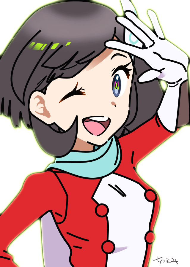 1girl black_hair churumi_(grie) gloves green_scarf looking_at_viewer official_alternate_costume one_eye_closed open_mouth pokemon pokemon_masters_ex scarf selene_(pokemon) selene_(special_costume)_(pokemon) short_hair signature smile solo upper_body white_gloves