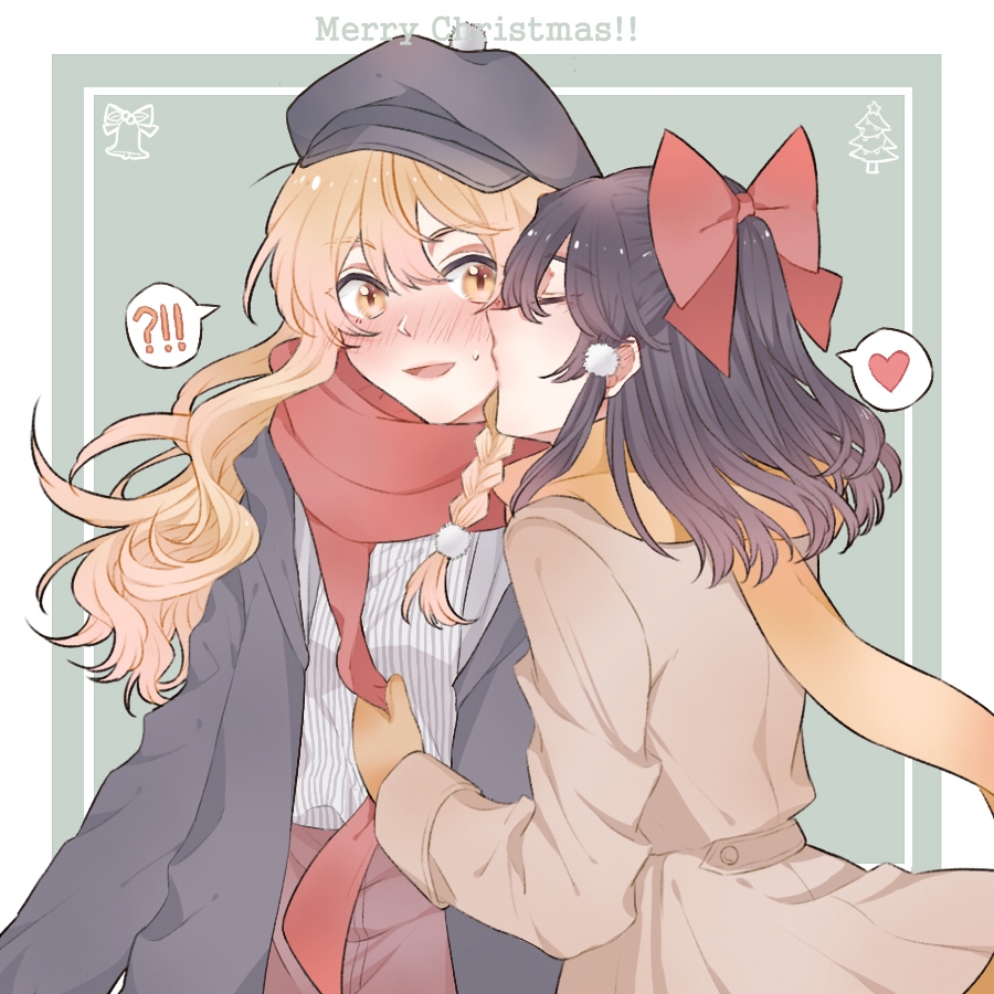 !? 2girls black_hair black_hat black_jacket blonde_hair blush brown_coat brown_gloves coat commentary ear_blush gloves green_background hakurei_reimu heart hitte5416 jacket kirisame_marisa kiss kissing_cheek long_hair medium_hair merry_christmas mittens multiple_girls parted_lips red_scarf scarf shirt smile spoken_heart spoken_interrobang sweatdrop touhou upper_body white_shirt yellow_eyes yellow_scarf yuri