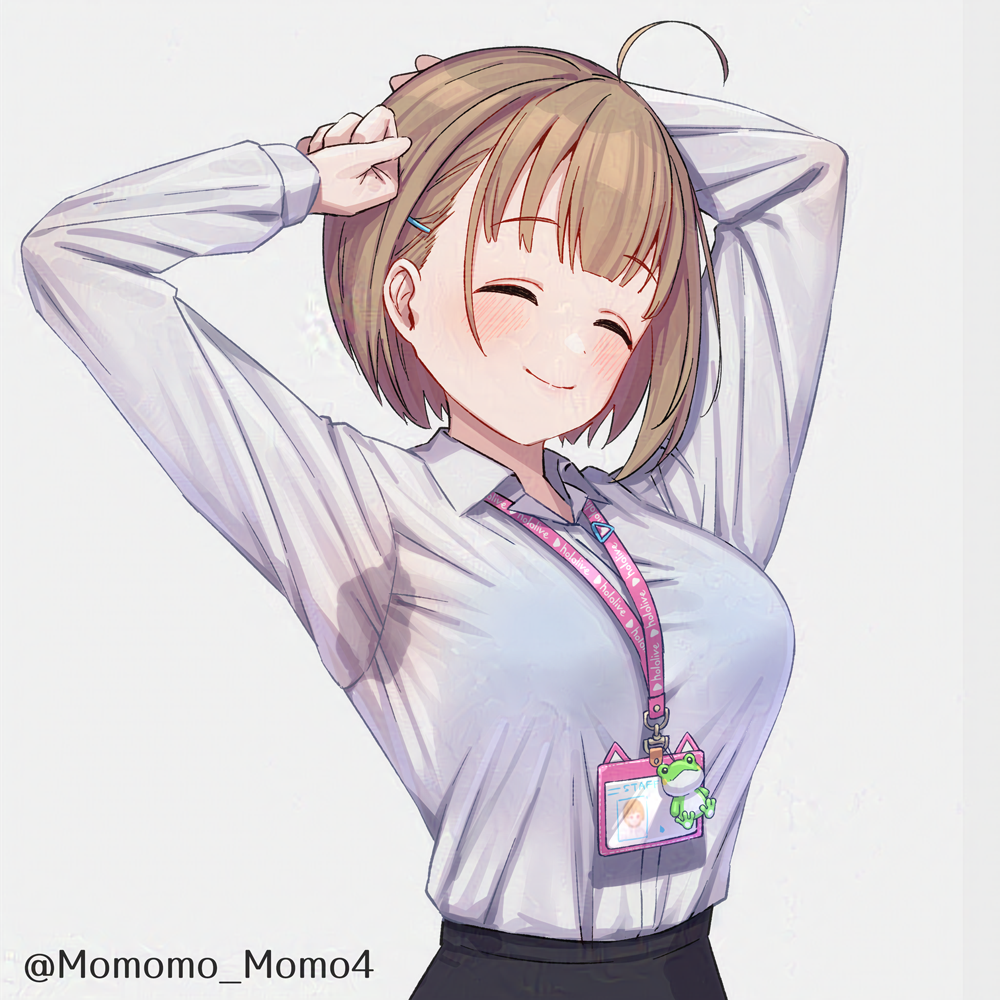 1girl ^_^ ahoge arm_behind_head armpits arms_up blush breasts brown_hair closed_eyes collared_shirt dress_shirt hair_ornament hairclip harusaki_nodoka hololive lanyard long_sleeves see-through see-through_shirt shirt short_hair smile stained_clothes sweat sweat_stain sweaty_armpits sweaty_clothes twitter_username upper_body virtual_youtuber white_shirt yoshiwa_tomo