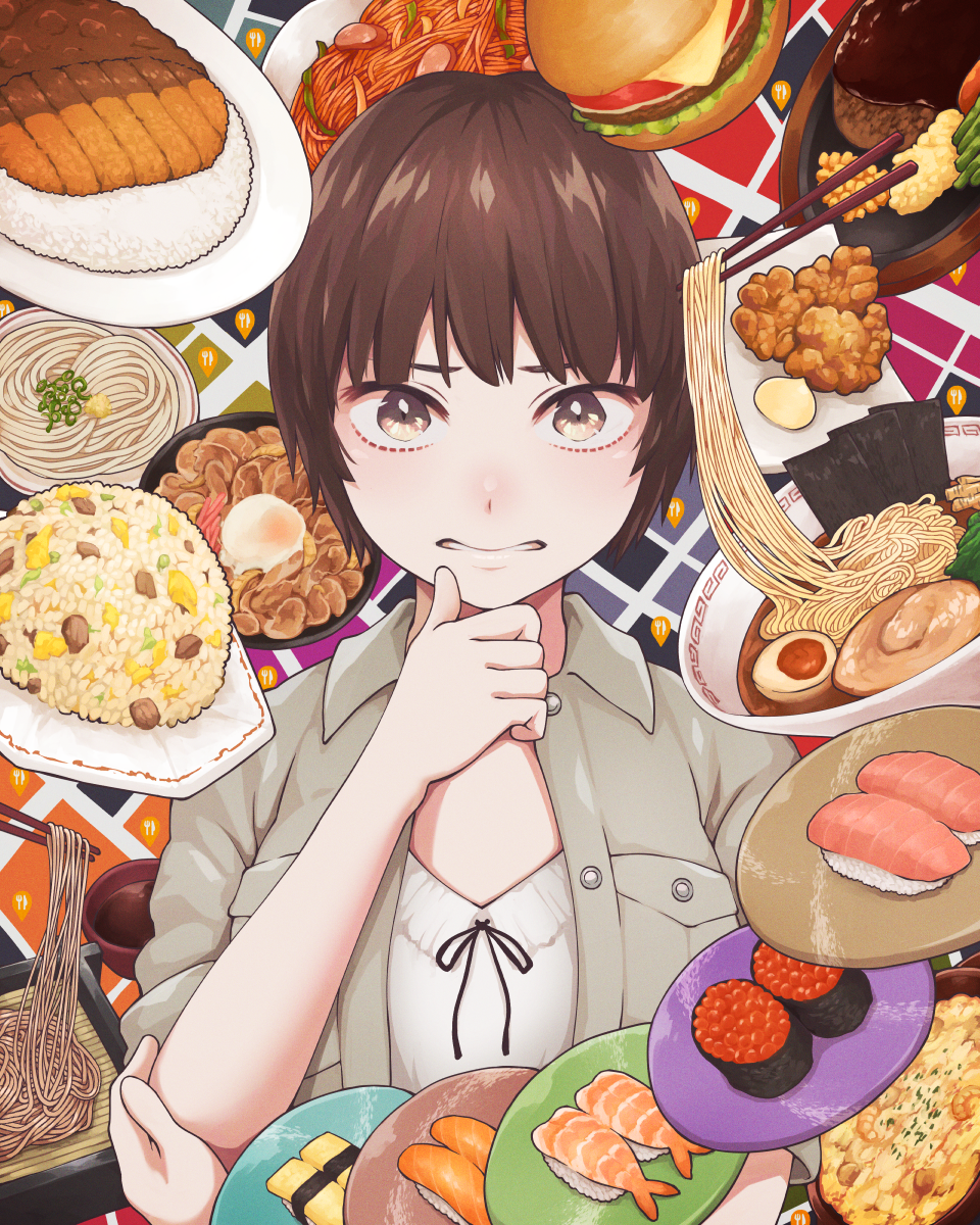 1girl arms_under_breasts black_bow bow breast_pocket brown_eyes brown_hair brown_shirt burger chopsticks commentary food fried_rice grimace hamburger_steak hand_on_own_chin hand_on_own_elbow highres looking_at_viewer meal noodles omelet overshirt parted_lips pasta plate pocket ramen rice roe sauce shirt shirt_bow short_hair shrimp soba solo sushi tamagoyaki tonkatsu udon white_shirt worried yajirushi_(chanoma)