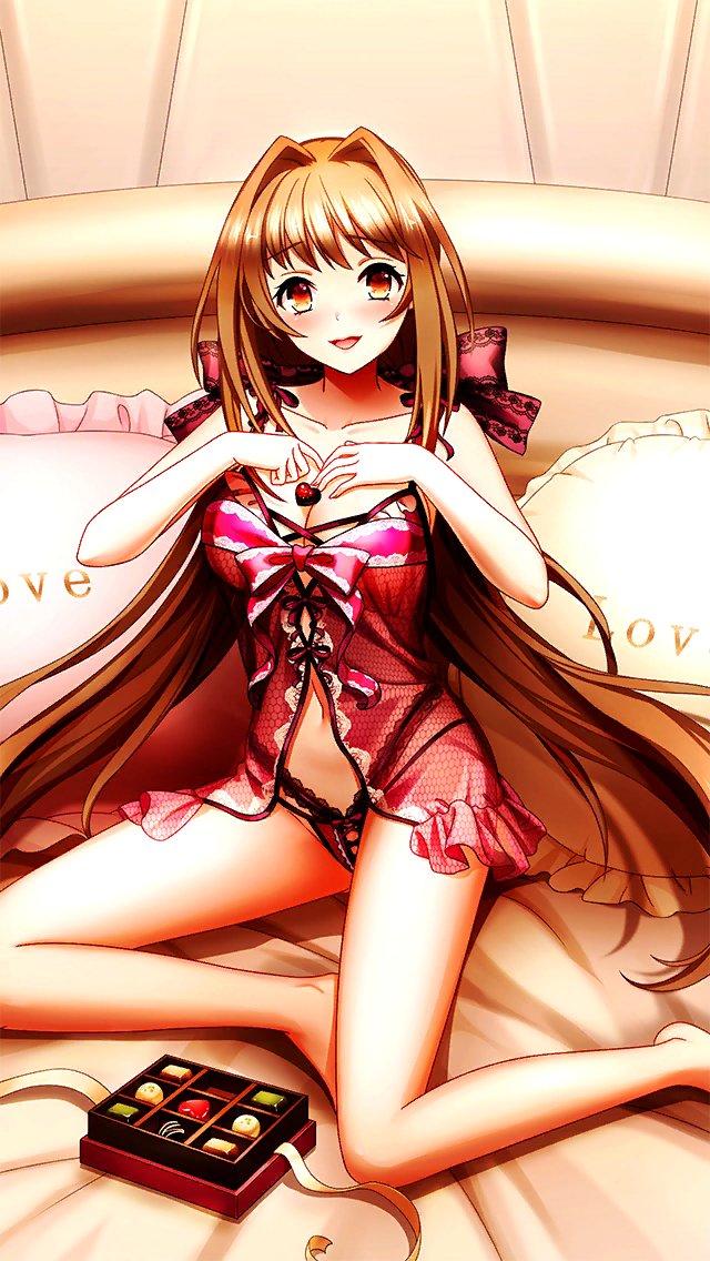 1girl :d bare_arms bare_legs bow breasts brown_eyes brown_hair candy chocolate cleavage collarbone doukyuusei_another_world food game_cg hair_bow hair_intakes heart heart-shaped_chocolate kakyuusei_2 large_breasts lingerie long_hair looking_at_viewer navel negligee official_art on_bed open_mouth panties print_bow red_bow red_panties saimon_tamaki smile solo twintails underwear very_long_hair