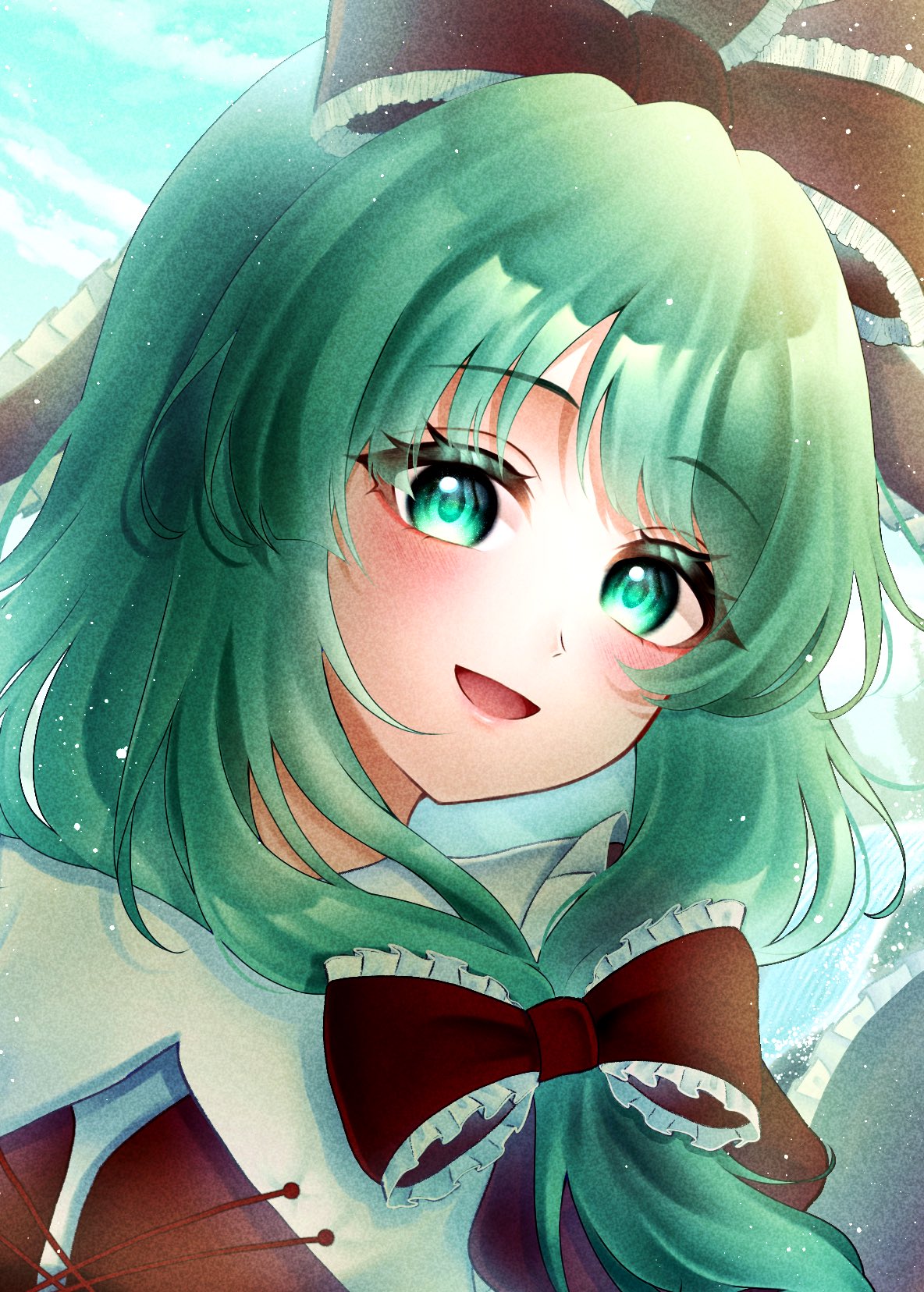 1girl bow frilled_ribbon frills front_ponytail green_eyes green_hair hair_bow hair_ribbon highres kagiyama_hina looking_at_viewer open_mouth portrait red_bow red_ribbon ribbon solo sumishiro_8070 touhou