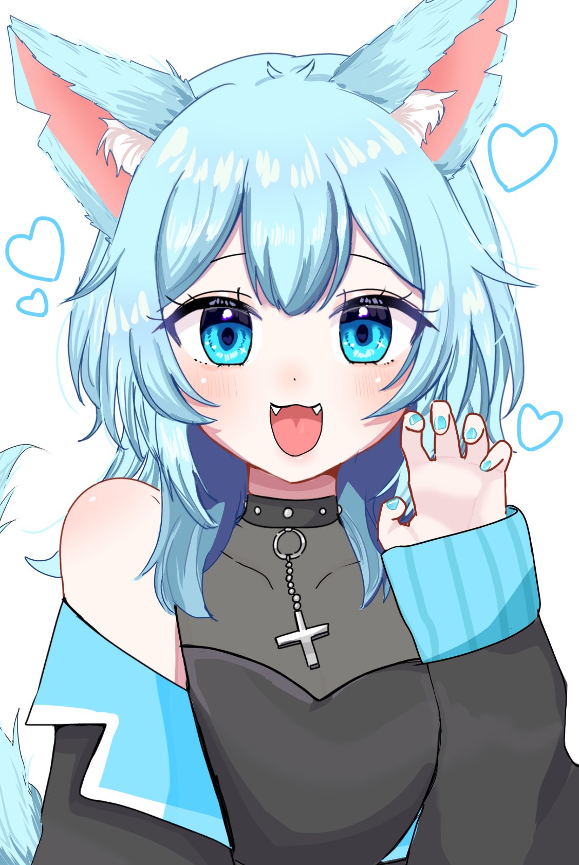 1girl :d animal_ear_fluff animal_ears bare_shoulders black_collar black_jacket blue_eyes blue_jacket blue_nails blush claw_pose collar commentary covered_collarbone cross fangs fingernails fox_ears fox_girl greek_cross hand_up heart highres indie_virtual_youtuber jacket long_sleeves looking_at_viewer mimi_(klh98pim7m88471) nagumo_asu nail_polish off_shoulder open_clothes open_jacket open_mouth simple_background smile solo upper_body virtual_youtuber white_background
