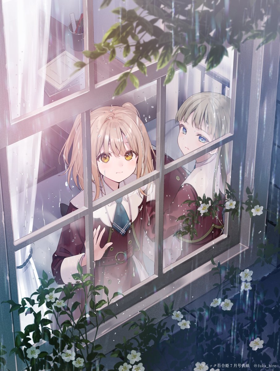 2girls :| against_glass bed blue_eyes blue_necktie blush book branch closed_mouth collared_dress cowboy_shot curtains dress expressionless flower from_above from_outside fukahire_(ruinon) green_hair hair_between_eyes highres light_brown_hair long_hair long_sleeves looking_at_viewer multiple_girls necktie original plant rain red_dress short_hair sidelocks table twitter_username two_side_up watermark white_flower window yellow_eyes