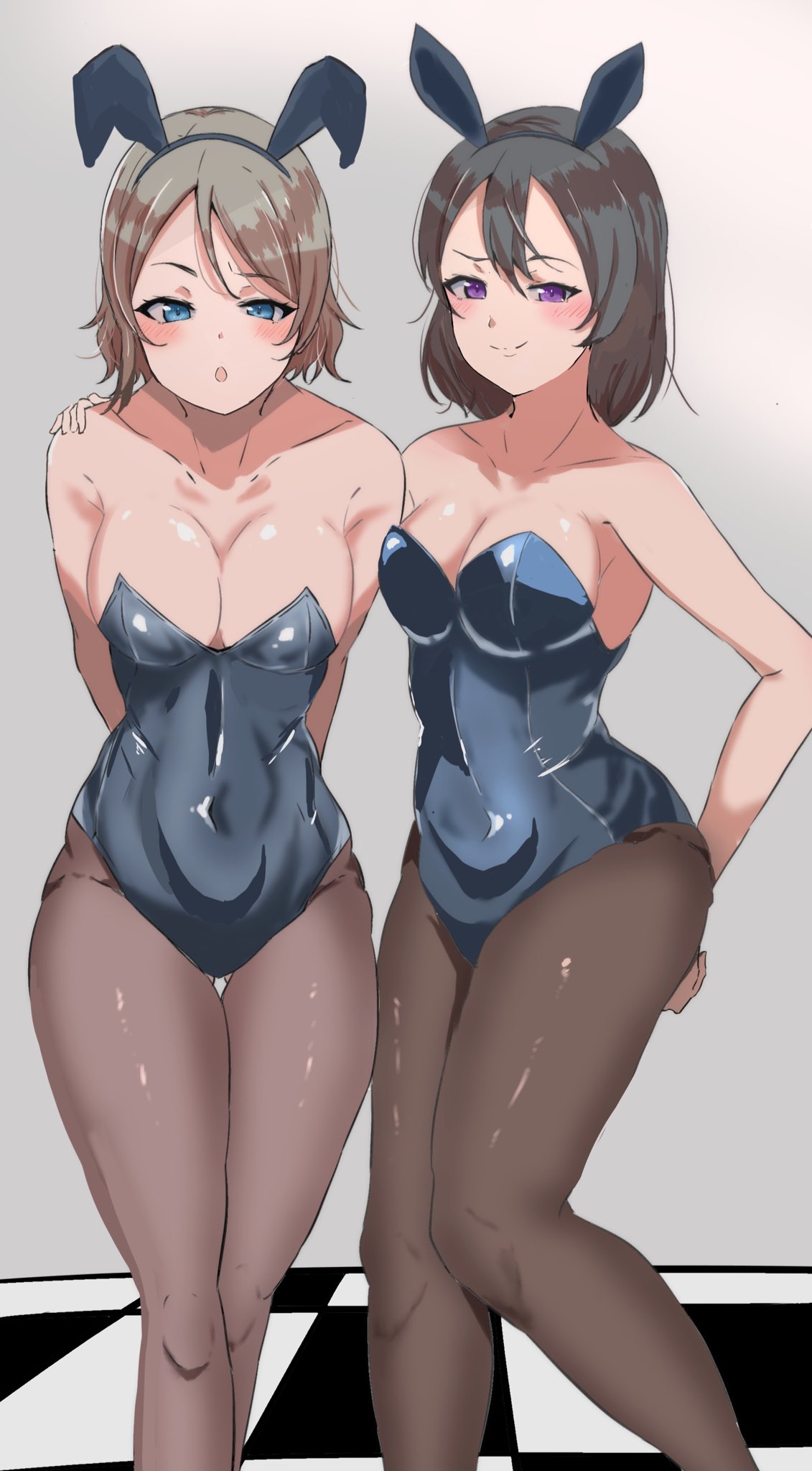 2girls animal_ears black_hair blue_eyes breasts brown_hair cleavage headband highres love_live! love_live!_sunshine!! multiple_girls oekakimasayu pantyhose playboy_bunny purple_eyes rabbit_ears short_hair simple_background watanabe_tsuki watanabe_you