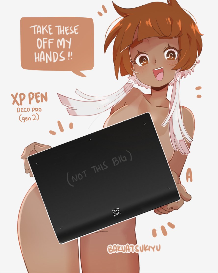 1girl artist_name bakuatsukiyu blush brown_eyes brown_hair censored collarbone commentary cowboy_shot dark-skinned_female dark_skin drawing_tablet english_commentary english_text looking_at_viewer novelty_censor nude open_mouth original short_hair simple_background smile solo white_background