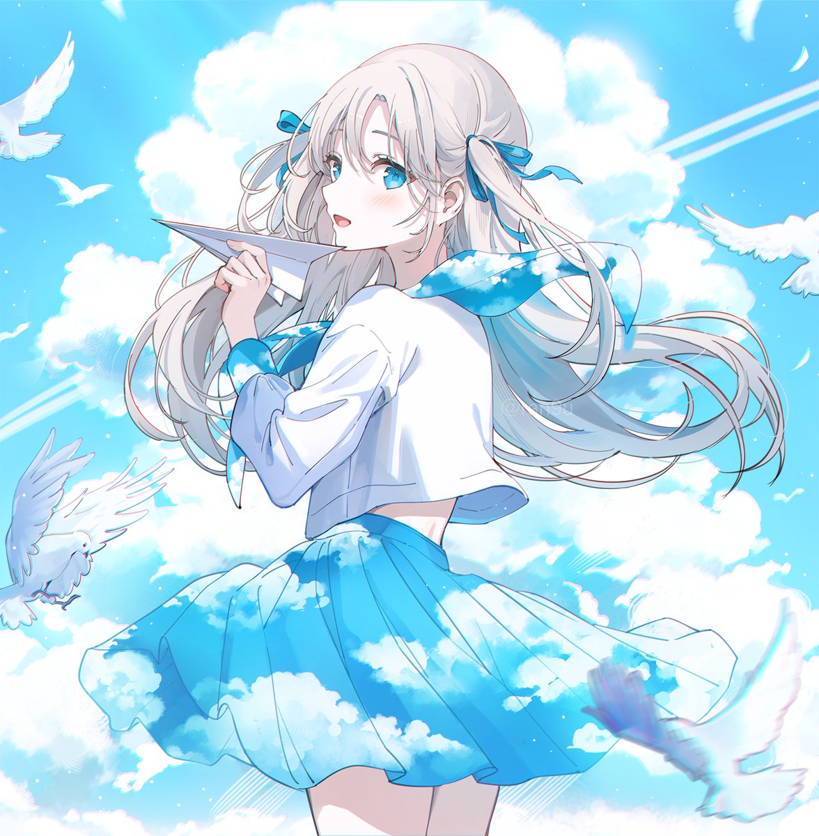 1girl :d blue_eyes blue_neckerchief blue_ribbon blue_sailor_collar blue_skirt blue_sky blush cloud contrail cowboy_shot cumulonimbus_cloud day double_exposure falling_feathers feathers floating_hair from_side grey_hair hair_ribbon highres holding_paper_airplane legs_together long_hair long_sleeves looking_at_viewer midriff_peek miniskirt neckerchief open_mouth original outdoors pleated_skirt rangu ribbon sailor_collar school_uniform serafuku shirt sidelocks sideways_glance skirt sky smile solo thighs two_side_up white_shirt wind wind_lift