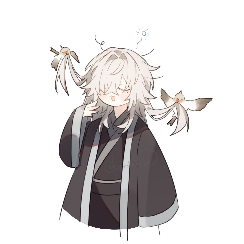 1boy bird closed_mouth hair_over_one_eye honkai:_star_rail honkai_(series) japanese_clothes jing_yuan kimono konotetona long_hair male_focus simple_background solo white_background white_hair yawning