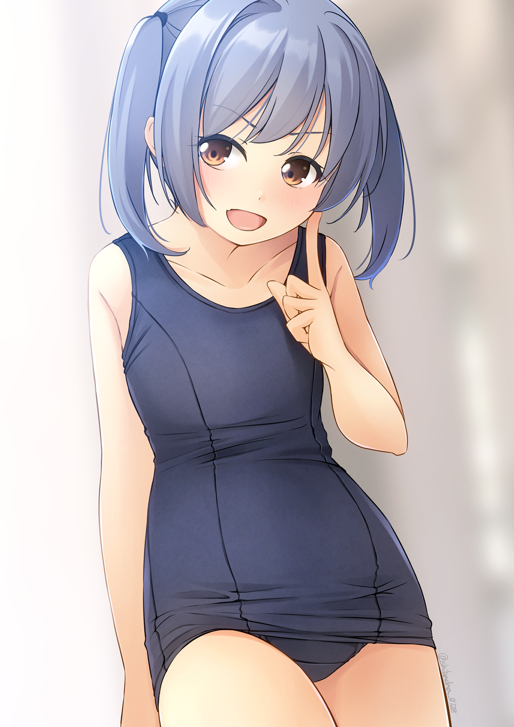 1girl :d bare_arms bare_shoulders blue_hair blue_one-piece_swimsuit blurry blurry_background brown_eyes collarbone commentary_request depth_of_field hand_up highres index_finger_raised looking_at_viewer old_school_swimsuit one-piece_swimsuit original school_swimsuit shibacha sidelocks smile solo swimsuit twintails