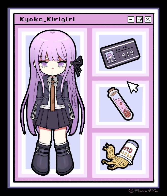 1girl black_footwear black_gloves black_jacket black_skirt boots chibi collared_shirt cup_ramen cursor danganronpa:_trigger_happy_havoc danganronpa_(series) fue_(flute032) full_body gloves id_card jacket kirigiri_kyoko long_hair necktie pleated_skirt purple_eyes purple_hair red_necktie shirt skirt solo user_interface vial white_shirt window_(computing)