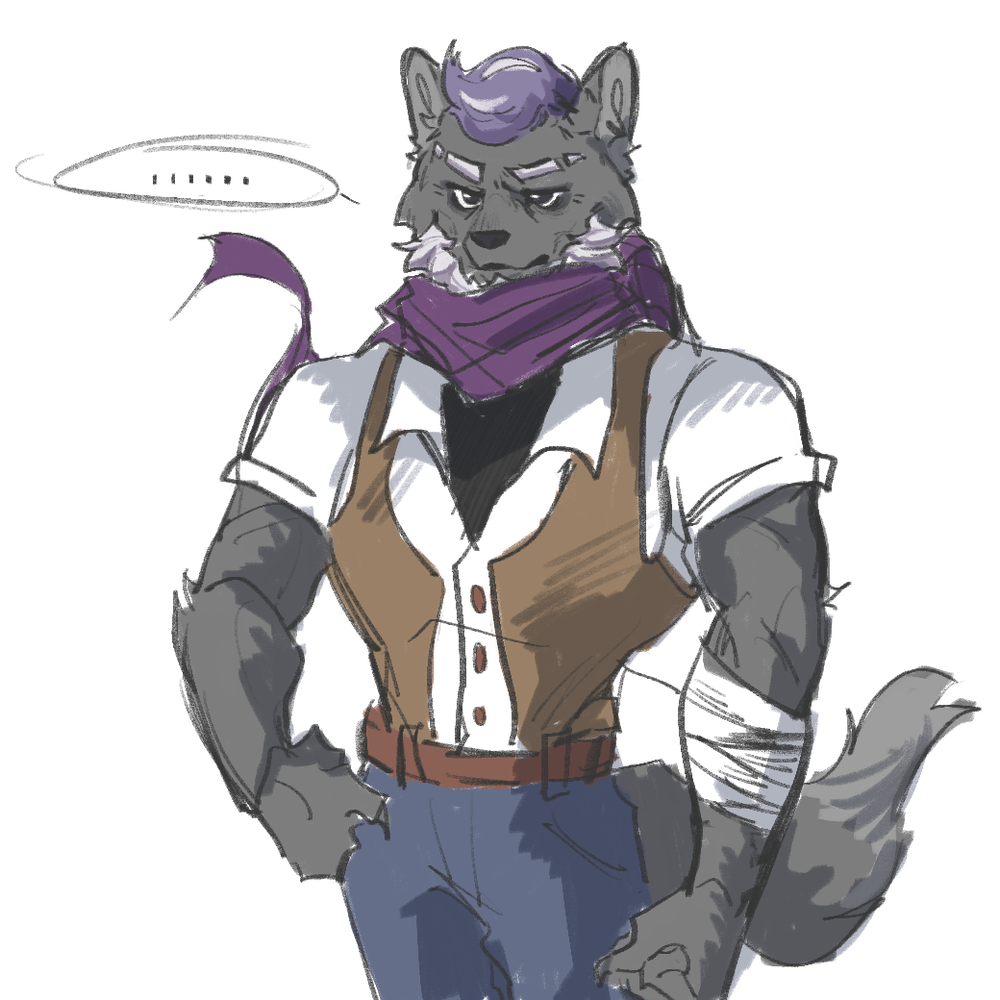 1:1 anthro baidou bandage beard belt bottomwear canid canine canis clothing core_tailang facial_hair hair male mammal pants pleasant_goat_and_big_big_wolf purple_beard purple_facial_hair purple_hair purple_scarf scarf shirt simple_background topwear white_background wolf