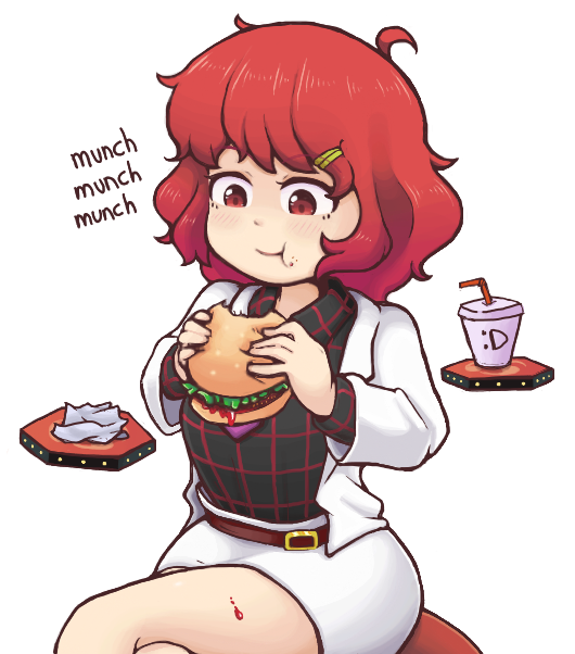 1girl :t ahoge belt black_shirt blush brown_belt burger closed_mouth cowboy_shot crossed_legs cup disposable_cup drinking_straw eating food hair_ornament hairclip holding holding_burger holding_food horikawa_raiko jacket keb00b long_sleeves mg_mg napkin open_clothes open_jacket pencil_skirt plaid plaid_shirt red_eyes red_hair shirt short_hair skirt skirt_set smile solo touhou transparent_background white_jacket white_skirt