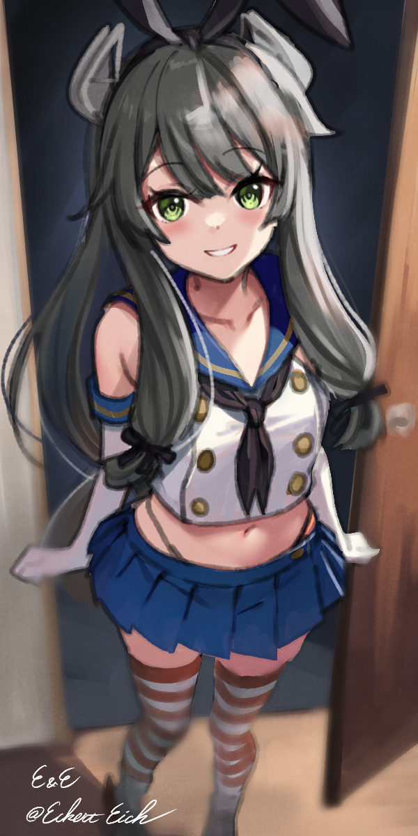 1girl black_hair black_hairband black_neckerchief black_panties blue_sailor_collar blue_skirt cosplay crop_top eckert&amp;eich elbow_gloves gloves green_eyes hair_ribbon hairband headgear highleg highleg_panties highres i-47_(kancolle) kantai_collection long_hair low-tied_long_hair microskirt miniskirt neckerchief panties parted_bangs pleated_skirt ribbon sailor_collar shimakaze_(kancolle) shimakaze_(kancolle)_(cosplay) shirt skirt sleeveless sleeveless_shirt smile solo striped_clothes striped_thighhighs thighhighs tress_ribbon underwear white_gloves