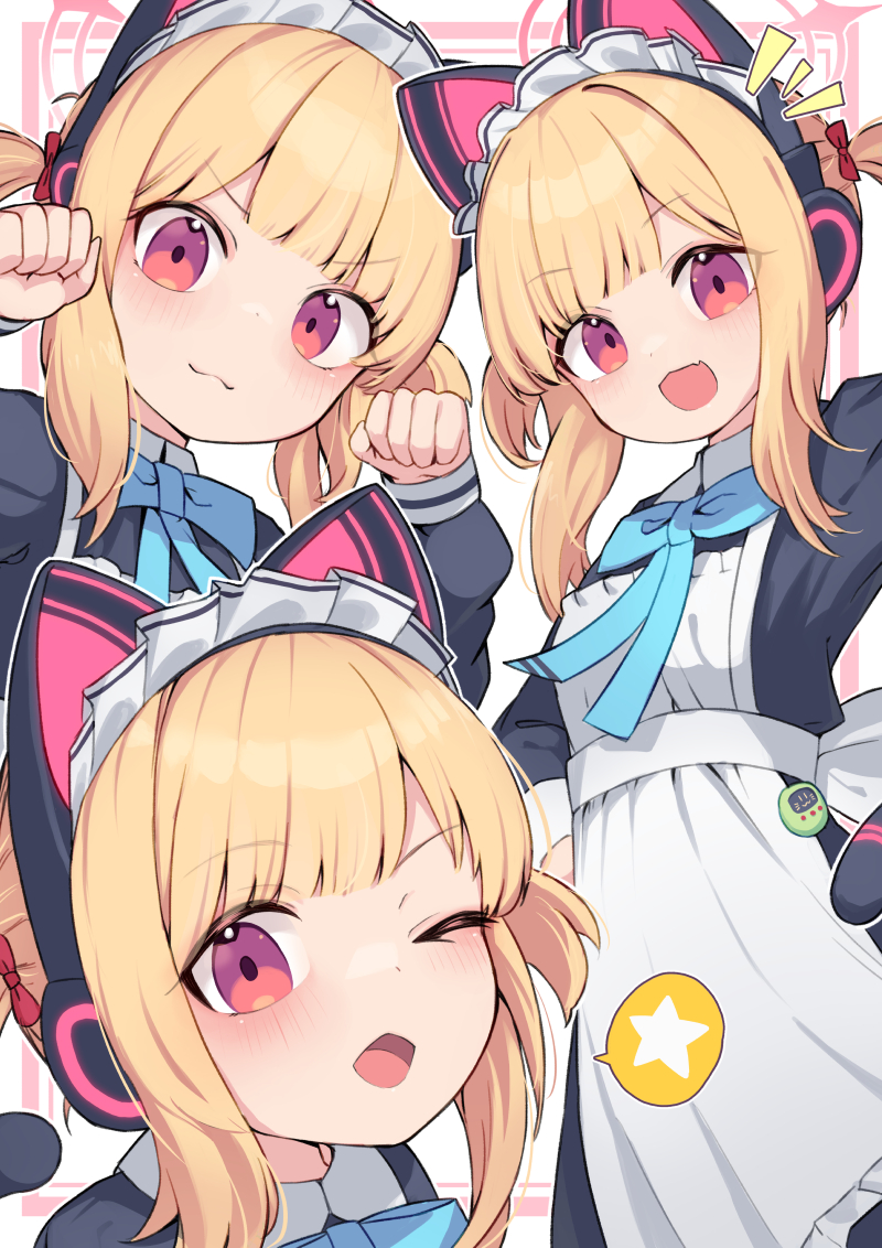 1girl :3 :d ;d alternate_costume animal_ear_headphones animal_ears apron black_dress blonde_hair blue_archive blue_bow blue_bowtie blunt_bangs blush border bow bowtie cat_ear_headphones cat_tail collared_dress commentary_request dress enmaided fake_animal_ears fake_tail fang frilled_apron frills hair_ribbon headphones looking_at_viewer maid maid_headdress medium_hair momoi_(blue_archive) multiple_views one_eye_closed outside_border red_border red_eyes red_ribbon ribbon saebashi smile speech_bubble spoken_star star_(symbol) tail two_side_up white_apron white_background