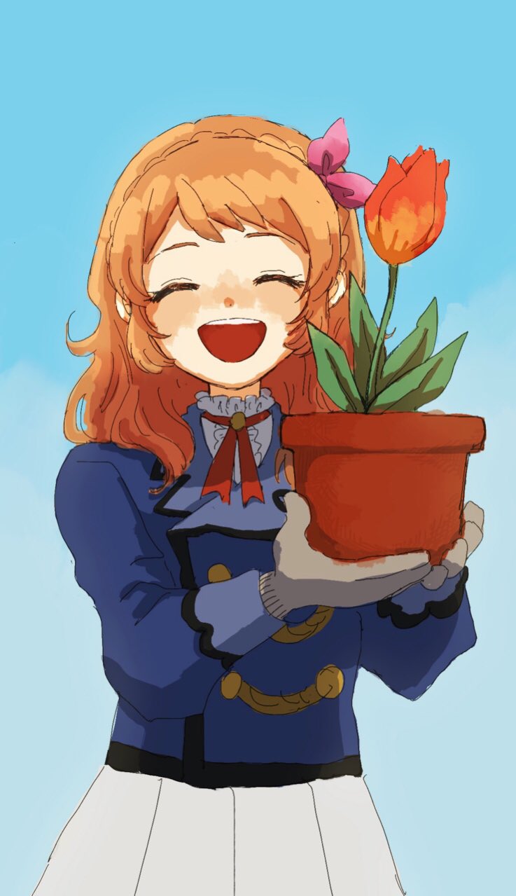 1girl aikatsu! aikatsu!_(series) blue_background blue_jacket blush bow braid brooch buttons center_frills cowboy_shot crown_braid double-breasted facing_viewer flower flower_pot frills gloves grey_gloves hair_bow hands_up highres holding holding_flower_pot jacket jewelry medium_hair neck_ribbon open_mouth orange_flower orange_hair orange_tulip osouzai-kun ozora_akari pink_bow plant pleated_skirt potted_plant red_ribbon ribbon shirt simple_background skirt smile solo tulip white_shirt white_skirt work_gloves