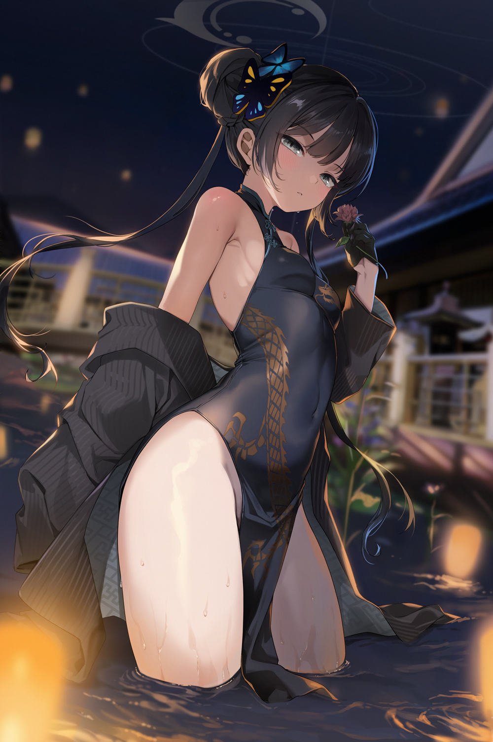 1girl bare_shoulders black_dress black_hair black_jacket blue_archive blurry blurry_background breasts butterfly_hair_ornament china_dress chinese_clothes covered_navel double_bun dragon_print dress flower gijang grey_eyes grey_halo hair_bun hair_ornament halo highres holding holding_flower jacket kisaki_(blue_archive) long_hair looking_at_viewer night night_sky no_panties off_shoulder parted_lips partially_submerged pelvic_curtain pink_flower print_dress sky sleeveless sleeveless_dress small_breasts solo striped_clothes striped_jacket thighs twintails vertical-striped_clothes vertical-striped_jacket wet