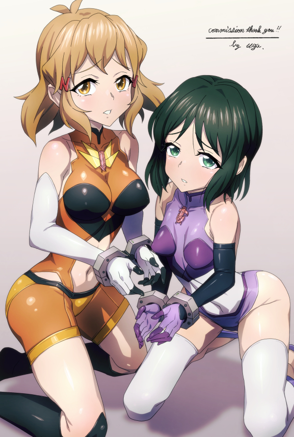 2girls black_gloves black_thighhighs breasts brown_eyes brown_hair commission covered_nipples cuffs elbow_gloves gloves green_eyes green_hair groin handcuffs kneeling kohinata_miku leotard light_blush looking_at_viewer medium_breasts midriff multiple_girls navel orange_leotard purple_leotard restrained senki_zesshou_symphogear short_hair signature skin_tight small_breasts tachibana_hibiki_(symphogear) thighhighs uganda_(ugandam_00) white_gloves white_thighhighs