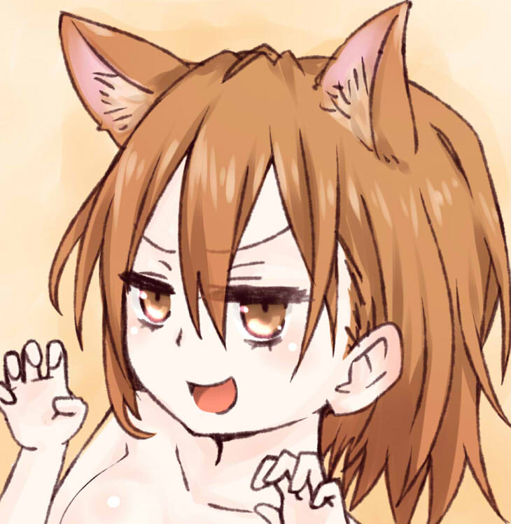 1girl :d animal_ear_fluff animal_ears breasts brown_eyes brown_hair cat_day cat_ears claw_pose commentary_request hair_between_eyes hands_up i.u.y kemonomimi_mode light_blush long_bangs looking_at_viewer medium_breasts medium_hair nude open_mouth orange_background portrait shiny_skin shokuhou_misaki smile solo toaru_majutsu_no_index v-shaped_eyebrows