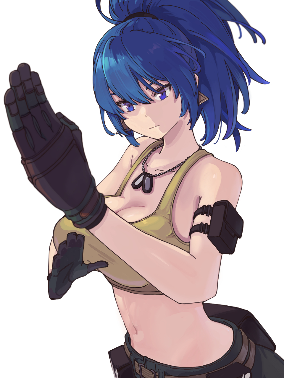 1girl arm_pouch bare_shoulders black_gloves blue_eyes blue_hair breasts cargo_pants crop_top dog_tags earrings gloves highres jewelry leona_heidern midriff navel ooiwa_(irc14786149) pants ponytail simple_background sleeveless soldier solo tank_top the_king_of_fighters the_king_of_fighters_xv triangle_earrings white_background yellow_tank_top