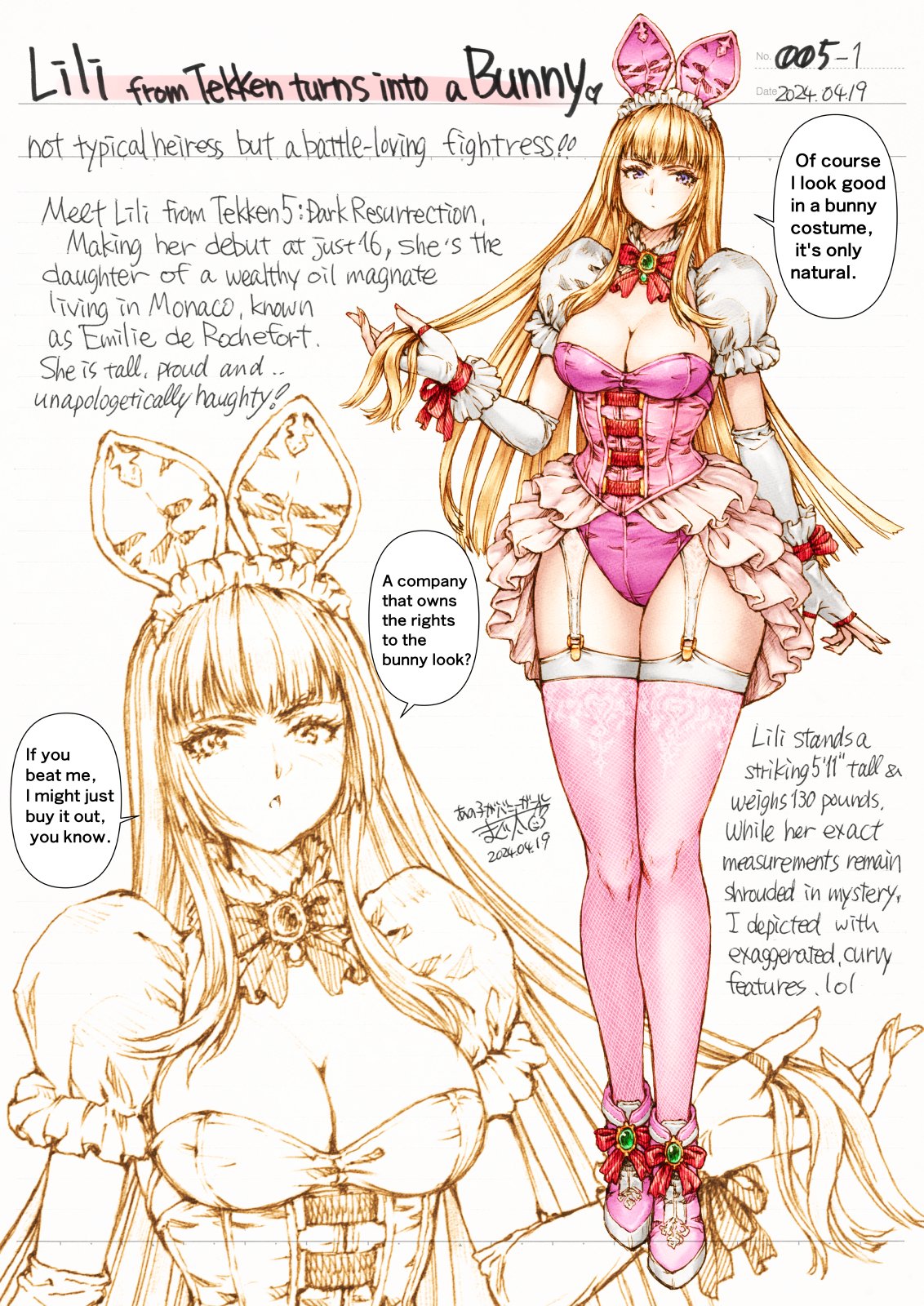 1girl animal_ears blonde_hair blunt_bangs breasts commission dated dress elbow_gloves english_text fake_animal_ears fingerless_gloves frilled_dress frills full_body garter_straps gloves highres hime_cut lili_(tekken) looking_at_viewer maguta panties pink_dress pink_panties pink_thighhighs playboy_bunny puffy_short_sleeves puffy_sleeves purple_eyes short_sleeves skeb_commission solo speech_bubble tekken tekken_8 thighhighs underwear white_gloves