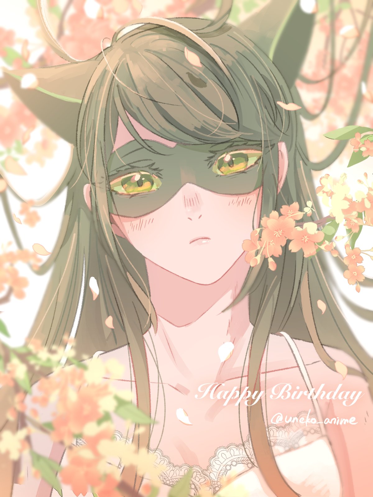 1girl animal_ears black_hair black_mask cat_ears cat_girl cherry_blossoms closed_mouth dress falling_petals flower green_eyes highres lady_noir light_blush long_hair looking_at_viewer marinette_dupain-cheng mask mask_on_head miraculous_ladybug petals slit_pupils solo uneko_anime upper_body white_dress